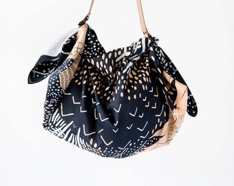 Mountain Blossom Midnight Blue Furoshiki & Tan Leather Carry Strap Set