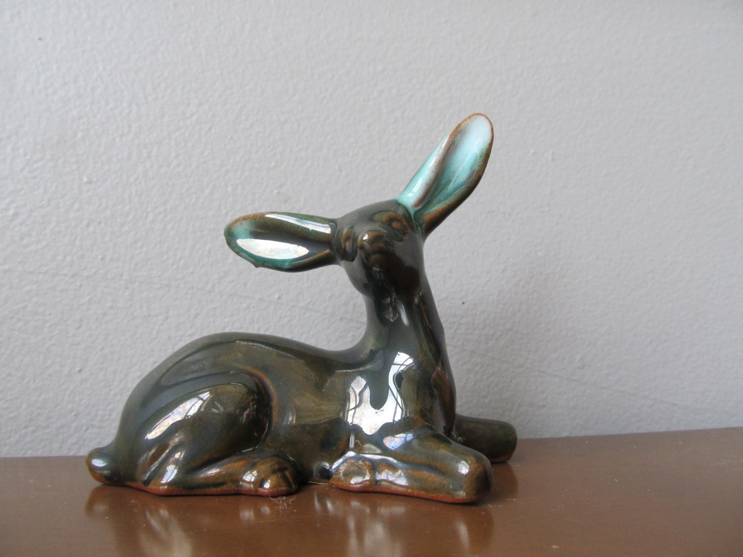 Vintage Kitsch Ceramic Deer Figurine Green Celadon by ATOMICDOG67