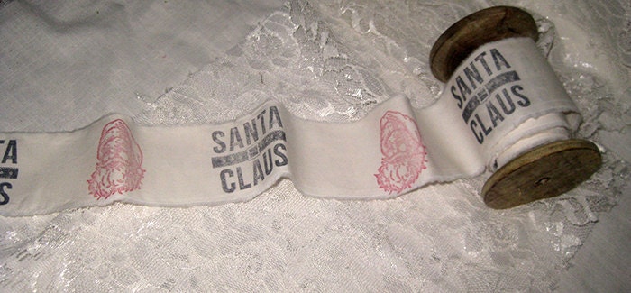 Muslin Ribbon Christmas SANTA CLAUS Vintage Inspired Hand Designed Muslin Ribbon ECS