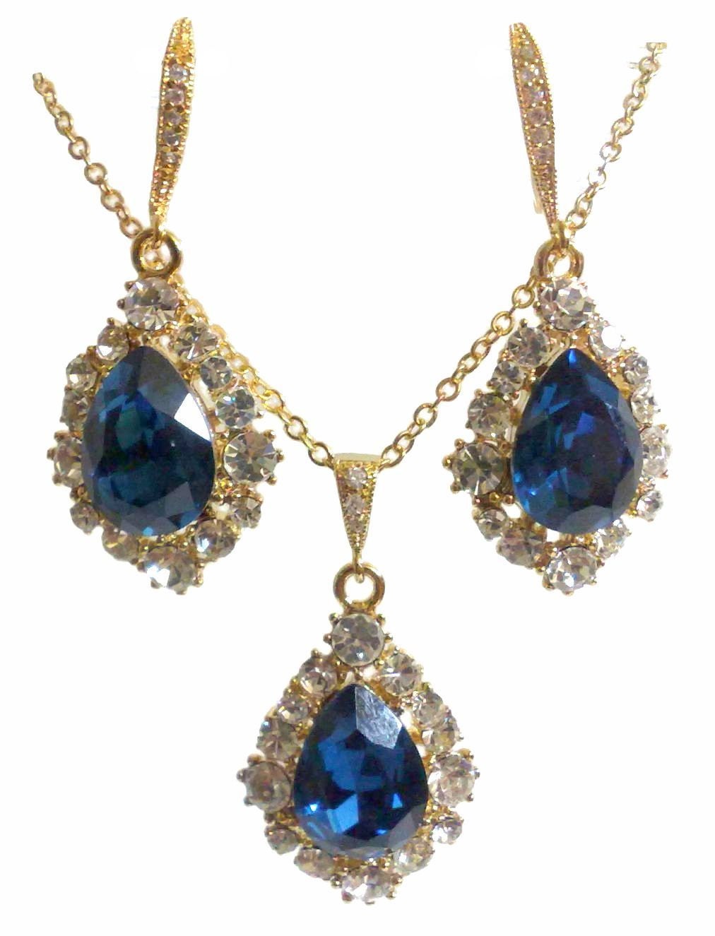 Something Blue Gold Jewelry Set Navy Bridal Necklace By Yjcouture