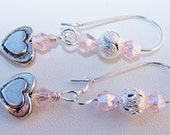 pink heart charm dangle earrings Swarovski crystal earrings heart charms earrings