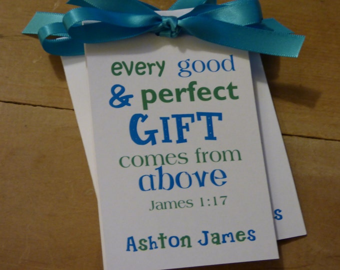 Personalized Blue Green Every Good & Perfect Religious Baptism First Holy Communion Christening Thank You Gift Favors SALE