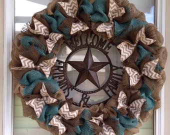 Burlap Wreath Turquoise Front Door Decor Welcome Family and Friends Wreath