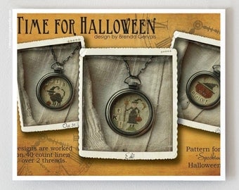 Time for Halloween cross stitch patterns by With Thy Needle & Thread at thecottageneedle.com witch jack-o-lantern black cat