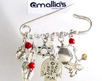 Baby Crib Charm Brooch // Sterling Silver Good Luck Brooch // Safety Pin Hamsa with Coral // Handmade Kbala Jewelry