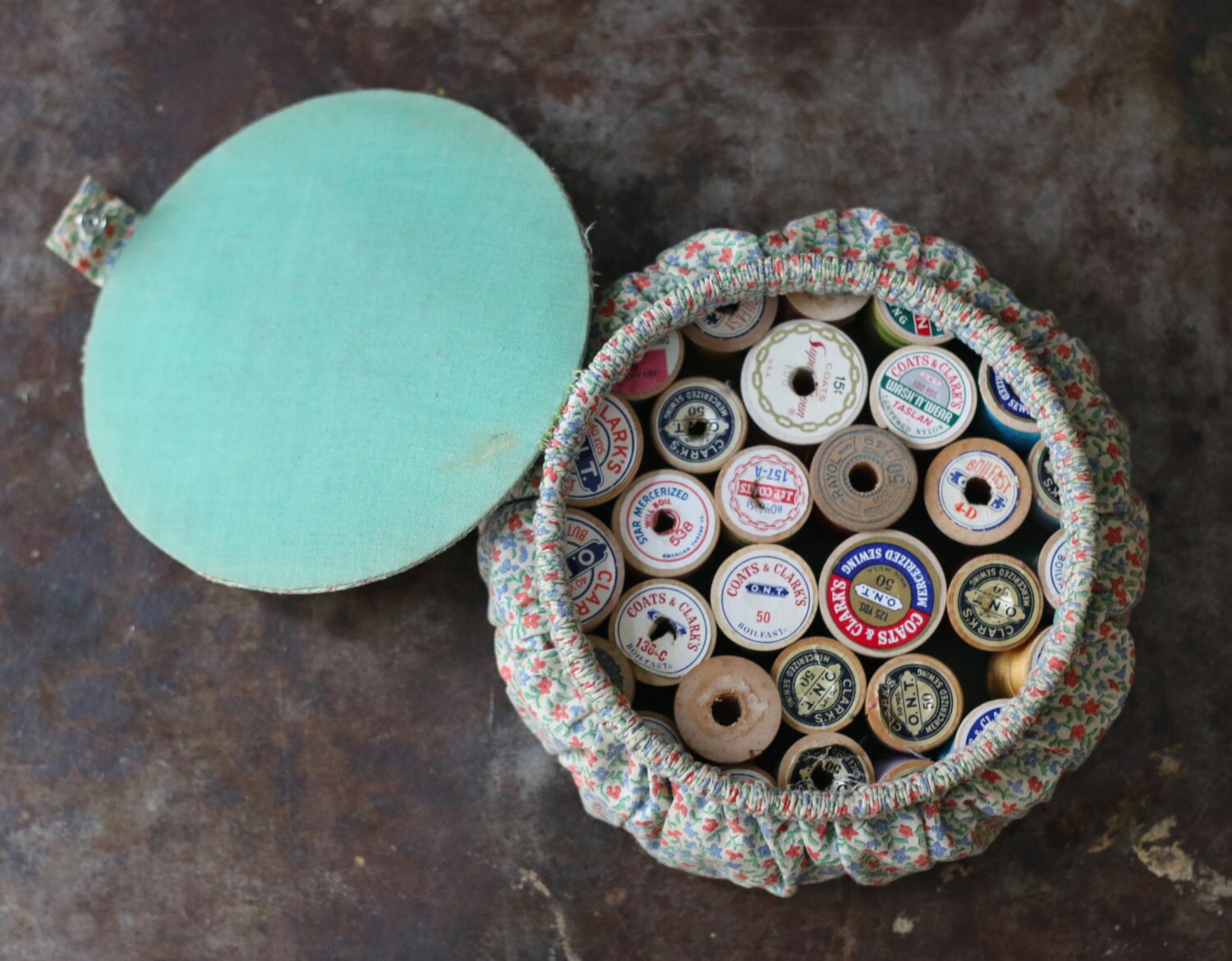 Vintage Fabric Round Sewing Spool Holder Thread Keeper with 30