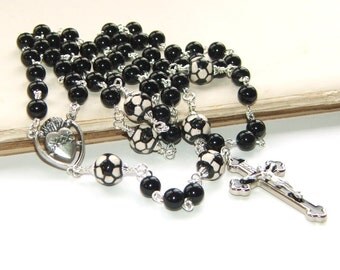 Sports Rosary with Football Beads / Black Jade & Silver / First ...