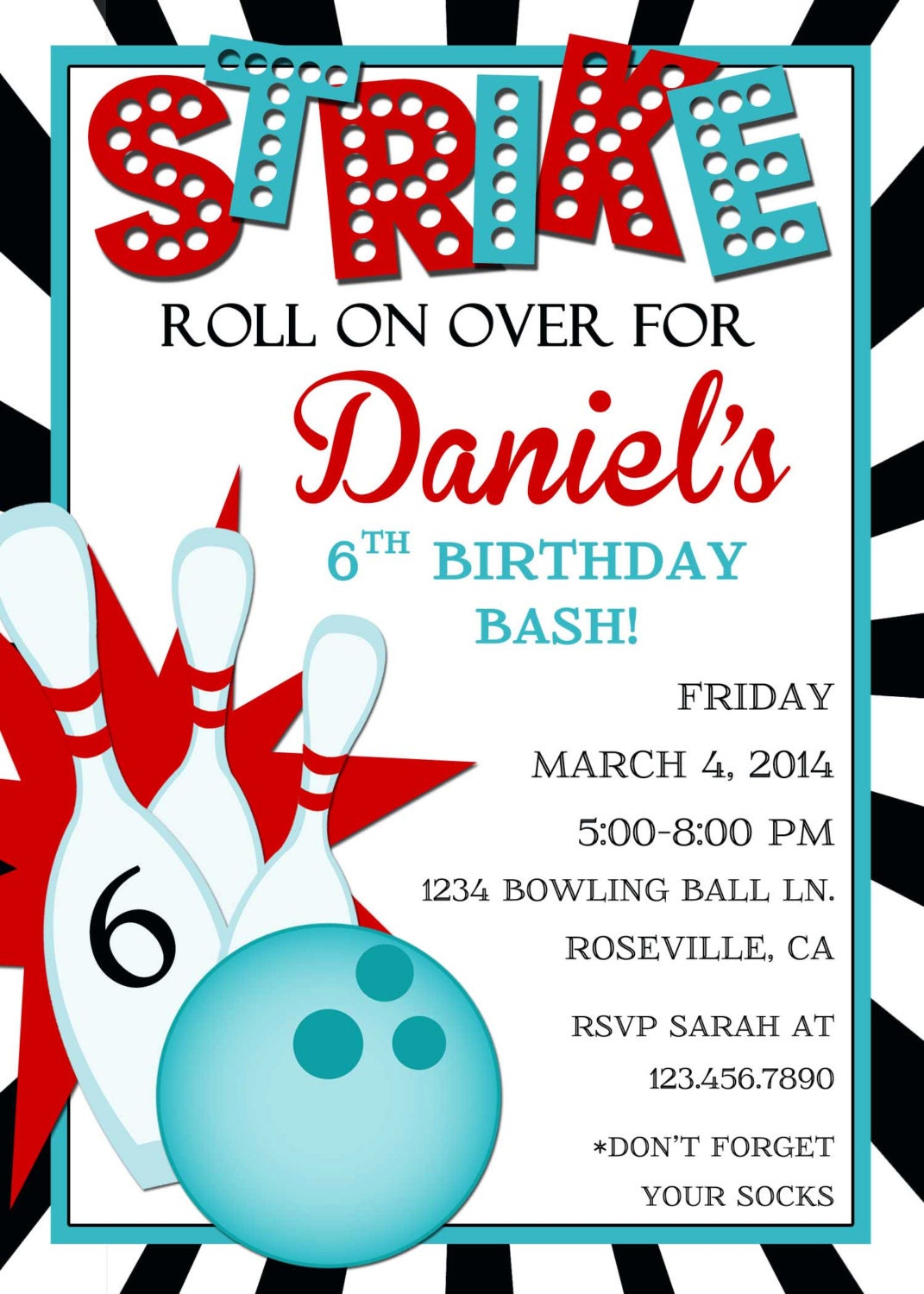 Strike Bowling Party Invitation 4x6 or 5x7 digital you print