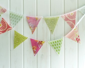 Bunting, Fabric Banner, 12 Flags, 9ft, in Pink and Pistachio, SINGLE or ...