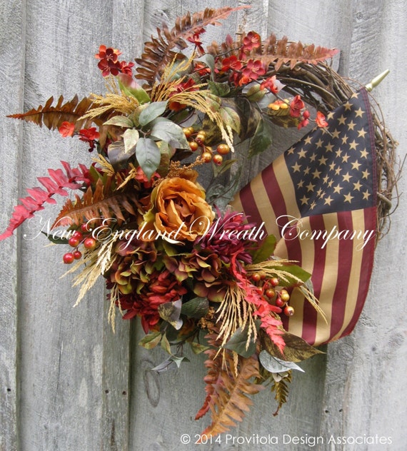 Fall Wreath, Americana Wreath, Autumn, Williamsburg, Thanksgiving, Designer Floral, Patriotic, Tea Stained Flag