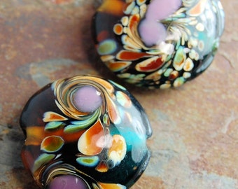 Glass Lampwork Bead Purple, Amber and Teal Green Swirl Round 22mm- 2