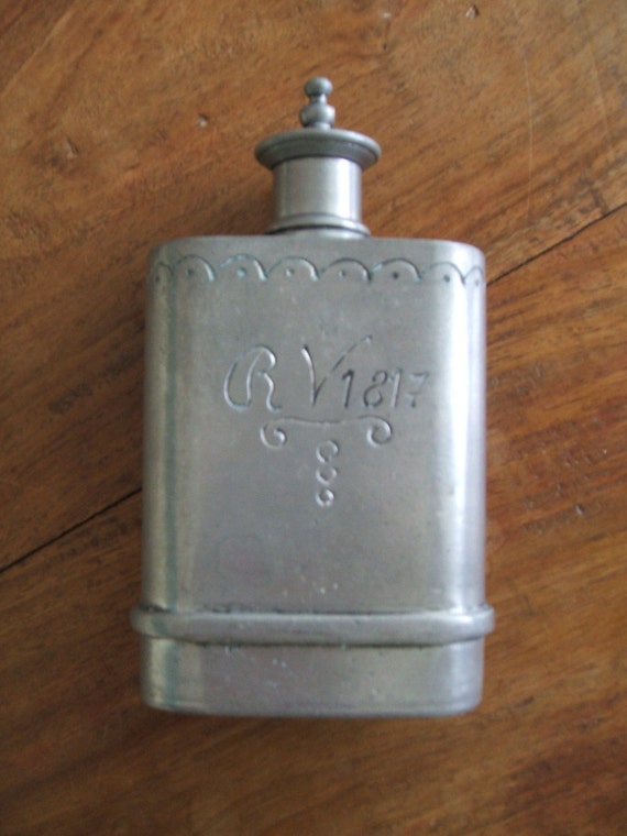 Antique Pewter Hip Flask or Pocket Flask 1817 Engraved Liquor