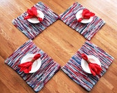 Nautical Placemats Americana Artisan Knitted Upcycled TShirts Red Gray Blue Navy Modern Cottage Chic (set of 4)-- US Shipping Included