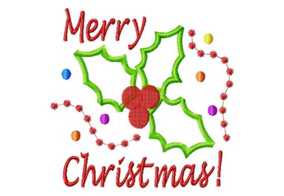 Merry Christmas - Holly Applique - Machine Embroidery Design - 8 Sizes