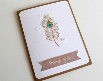 Peacock Feather Note Card, Thank You Card, Handmade Greeting Card, Carte Plume de Paon