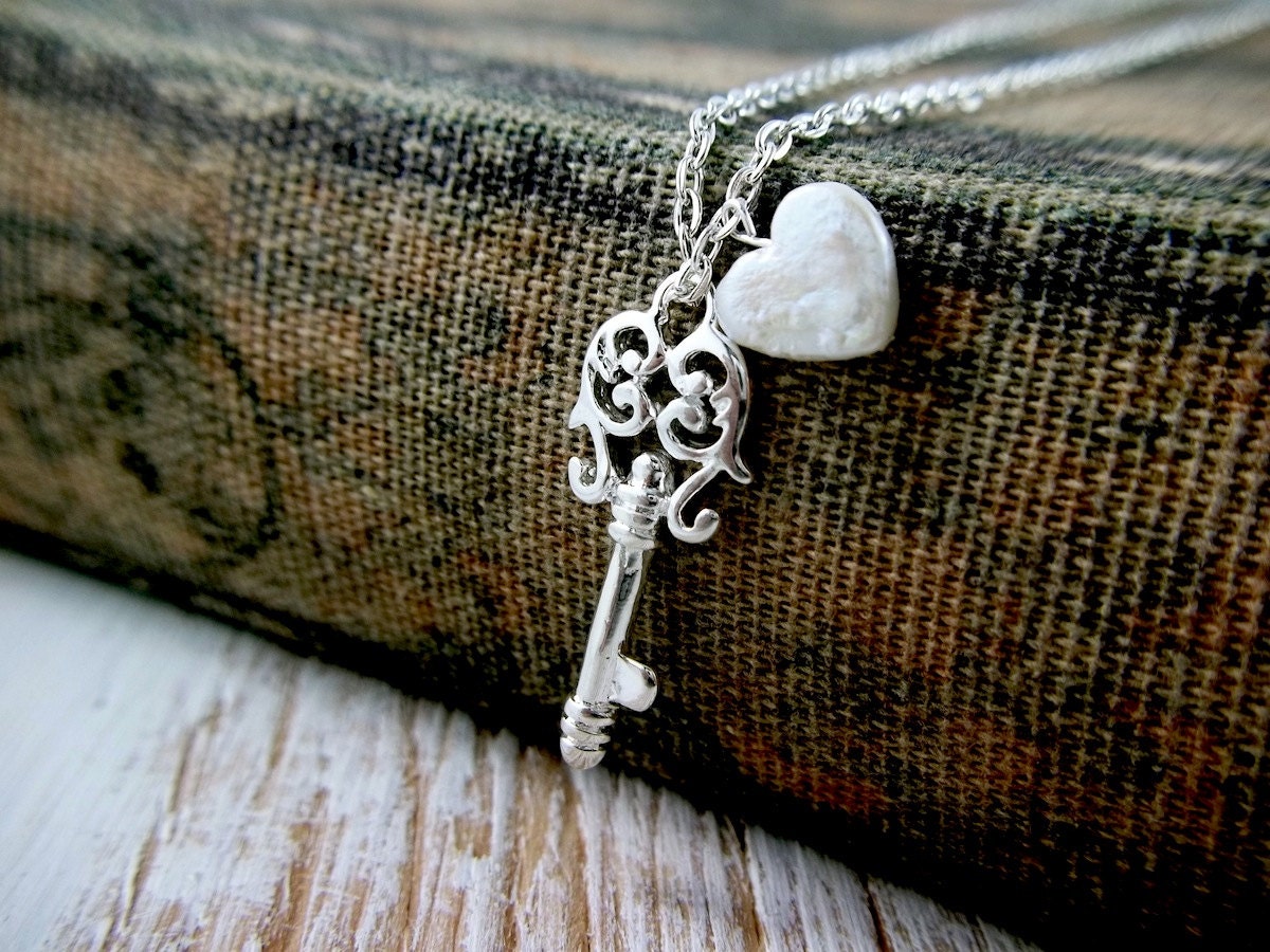 Silver Key Necklace Small Key Pendant White by PearlAmourJewels