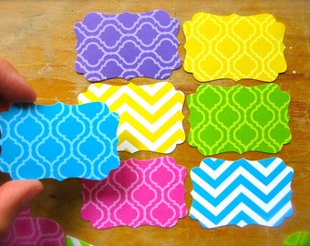 French Scrolled Gift Tags-Neon Chevron Pattern-Lot of 25-Blank Paper Labels-For card making, goody bags, gift wrap, organizing-Summer Prints