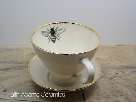 Honey Bee White and Gold Porcelain Tea Cup & Saucer or Mug-Wedding Gift, Gift for Mom, Hostess Gift