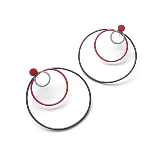 round circle stacking earrings, black grey and red hoops, red posts, copper wire podercoated, sterling silver posts, SALE 50% OFF