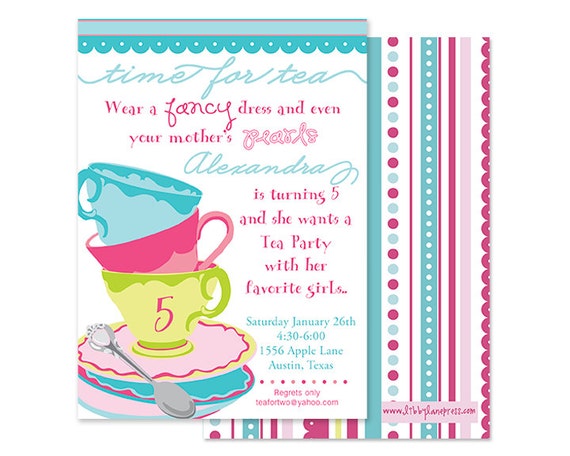 TEA PARTY, WHIMSICAL Birthday Invitation, Pink and Turquoise Il_570xn