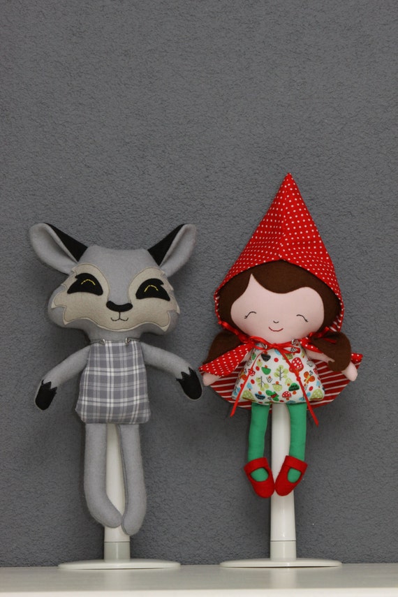 Little Red Riding Hood doll and Mister Wolf stuffed animal (toy, decoration) made from an original Dolls and Daydreams pattern