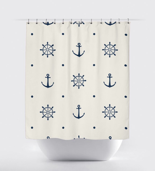 Shower Curtain Navy & Ivory Nautical Ship Wheels and