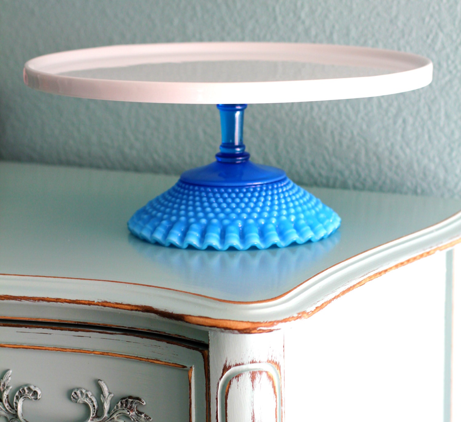 Blue Cake Stand / 14 Cake Plate / Hobnail Moonstone