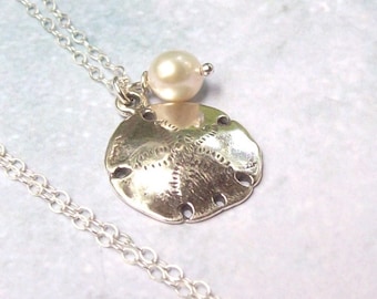 SALE Bridal Sand Dollar Necklace, Sterling Silver Sand Dollar Necklace, tropical necklace, beach jewelry, bridal jewelry, freshwater pearl