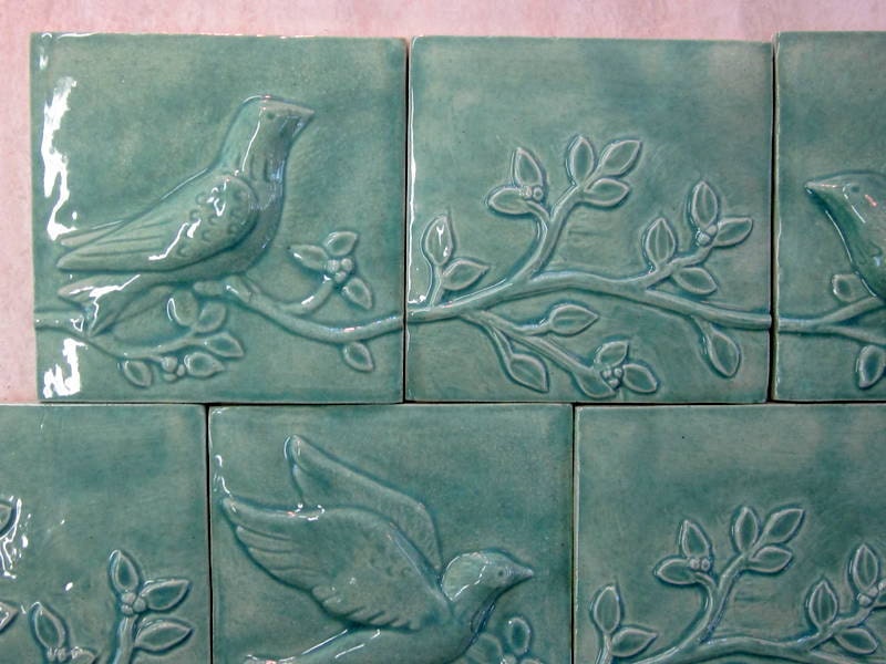 Ceramic Bird Tiles Set of 7 Birds on a Vine tiles 4x4