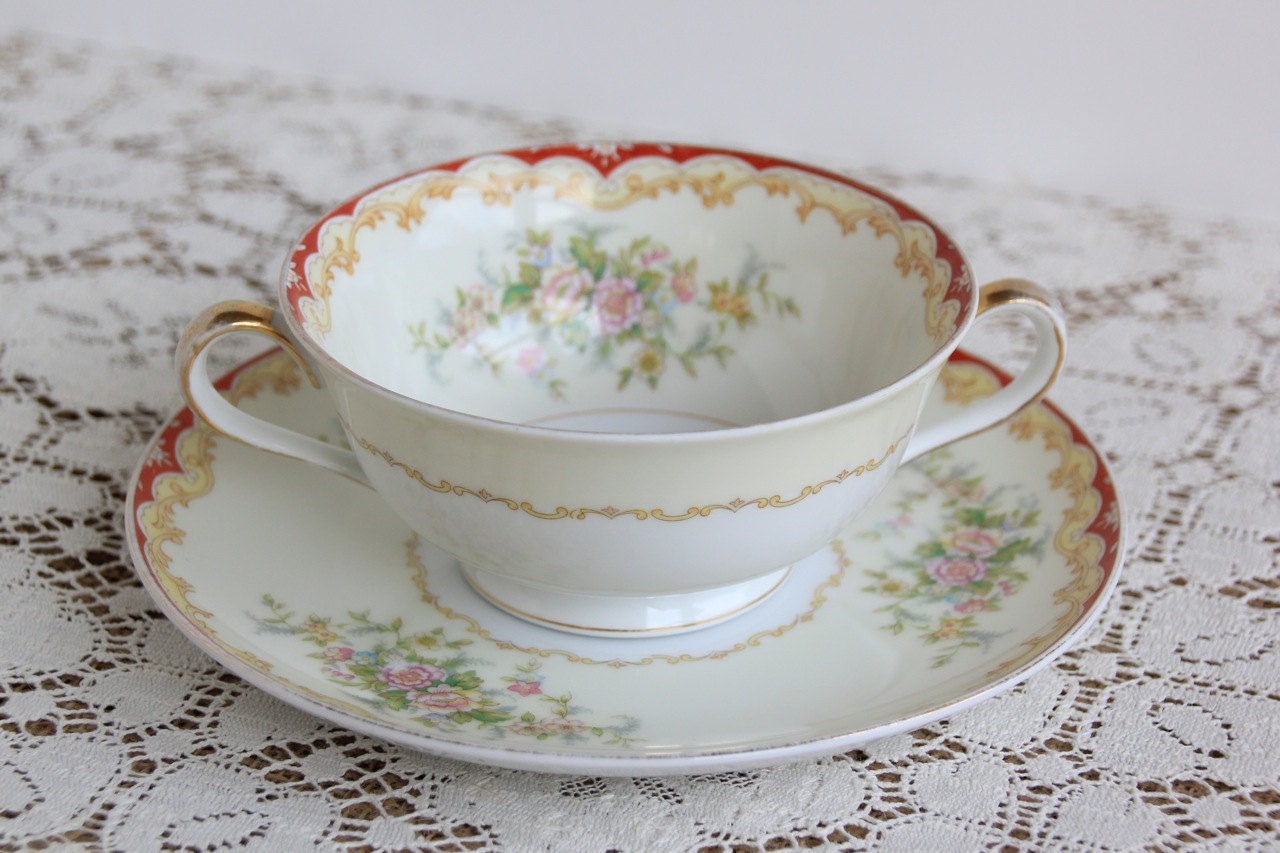 Antique Two Handle Cream Soup Bowl and Saucer Vintage