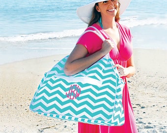 Mint Chevron Monogrammed Large Beach Bag Bridesmaid Gift