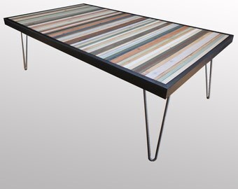 Reclaimed Wood Coffee Table or Desk - "Beach" - in Neutrals, Browns, Blues, Greens, and Cream Stripes - Modern Wood Art - Abstract Wood Art