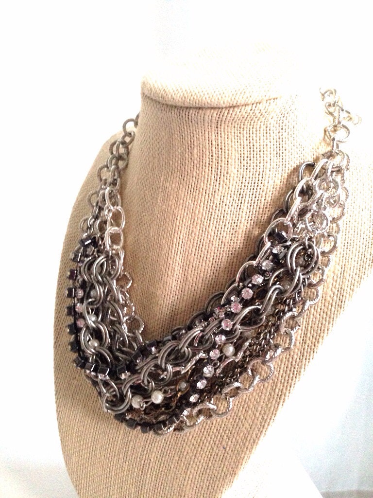 Mixed Media Necklace Chunky Silver Necklace Silver Chain