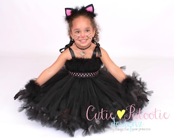 COMPLETE COSTUME: Ready to Ship - Petti Tutu Dress - Halloween Cat or Kitten Costume - Black and Pink - Curious Cuddles - 3-4 Toddler Girl