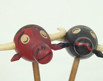 Vintage Wooden Bull Salt & Pepper Shakers with Handles, Made in Japan, Mid Century
