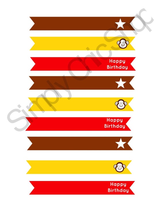 Monkey Birthday Printable, Sock Monkey Straw Flags, Monkey Birthday, Printable Flags, Drink labels, Jungle Birthday, Tags, Supplies Il_570xn