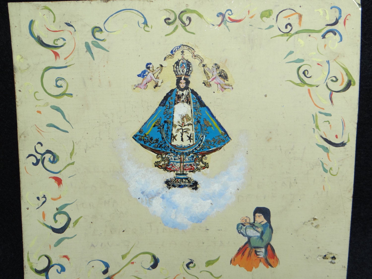 Antique Ex Voto Mexican Votive Painting on Tin La Virgen de