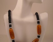 Large Statement Glass Beads with Black Wood Rondelles and Accented Silver Painted Wood Rondelles Necklace
