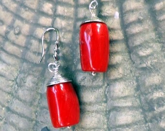 Red Coral Earrings, Bold Red earrings , Gemstone Earrings.with silver accents, Handmade