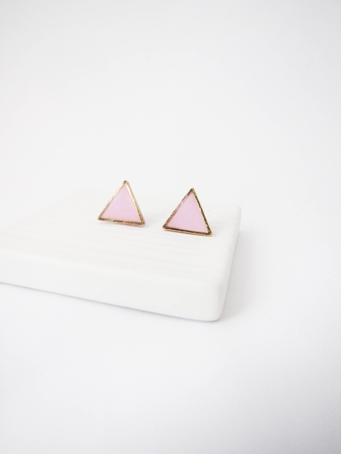 Pastel pink triangle stud earrings. Simple posts. Geometric