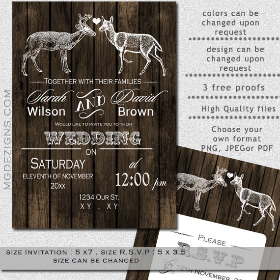 Printable rustic winter woodland, Buck and Doe , wedding Invites and RSVP