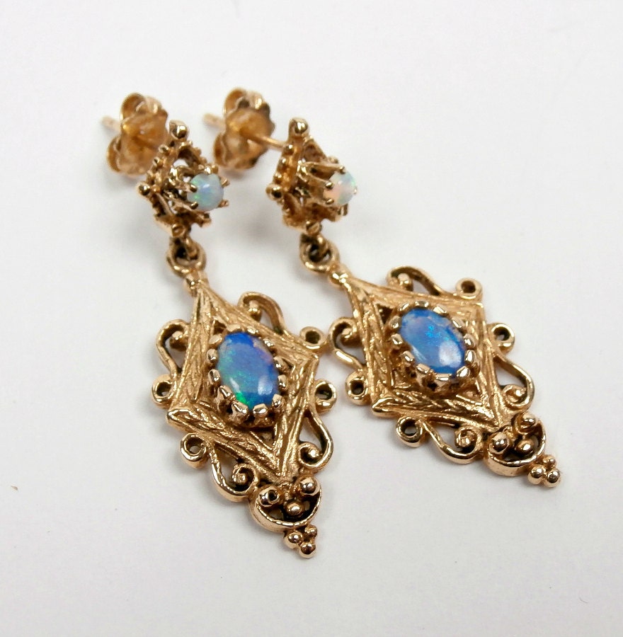 Opal 14k Gold Earrings Antique Victorian Revival by Topcatvintage