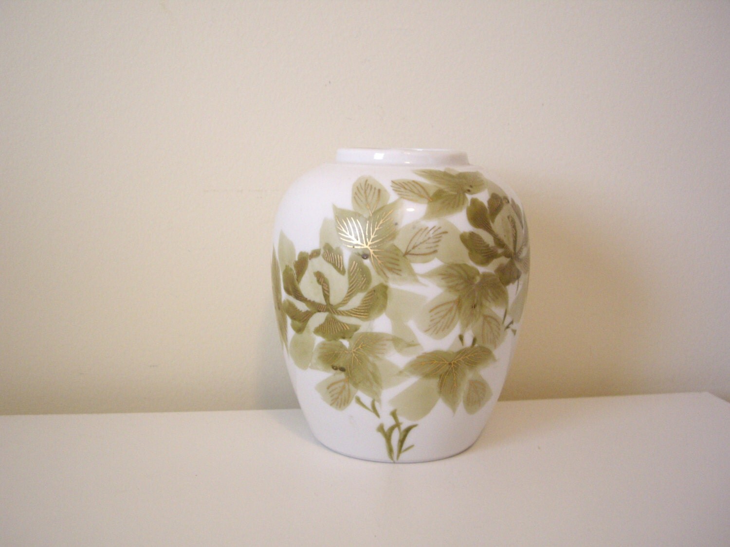 Reduced Vintage White Porcelain Vase with Green Leaves and