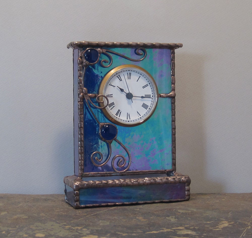 Unique Stained Glass Mantle / Shelf Clock Cobalt Blue by Eclectium