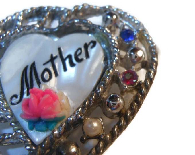 FREE SHIPPING Heart brooch, Mother of Pearl with Mother in enamel and pink rose, embellished with rhinestones and a seed pearl