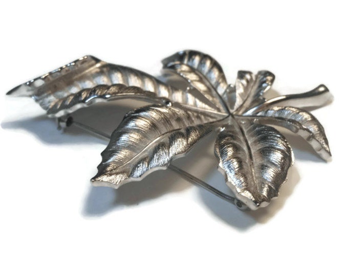 FREE SHIPPING Crown Trifari brooch, large silver leaf brooch 3d beautifully veined, beautifully detailed statement piece.