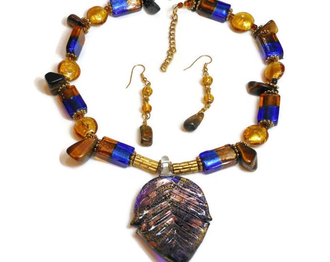 FREE SHIPPING Handmade Murano necklace, Murano Cobalt & Copper Foil Leaf Pendant and dangle earrings w/ Hawaiian Tiger's eye statement piece