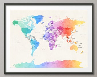 Watercolour Political Map Of The World Map Art Print 24x36