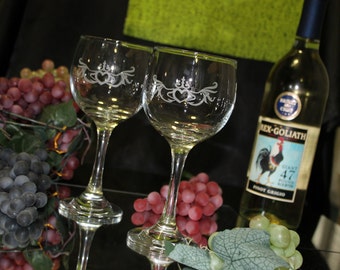 Two Etched Claddagh Wine Glasses