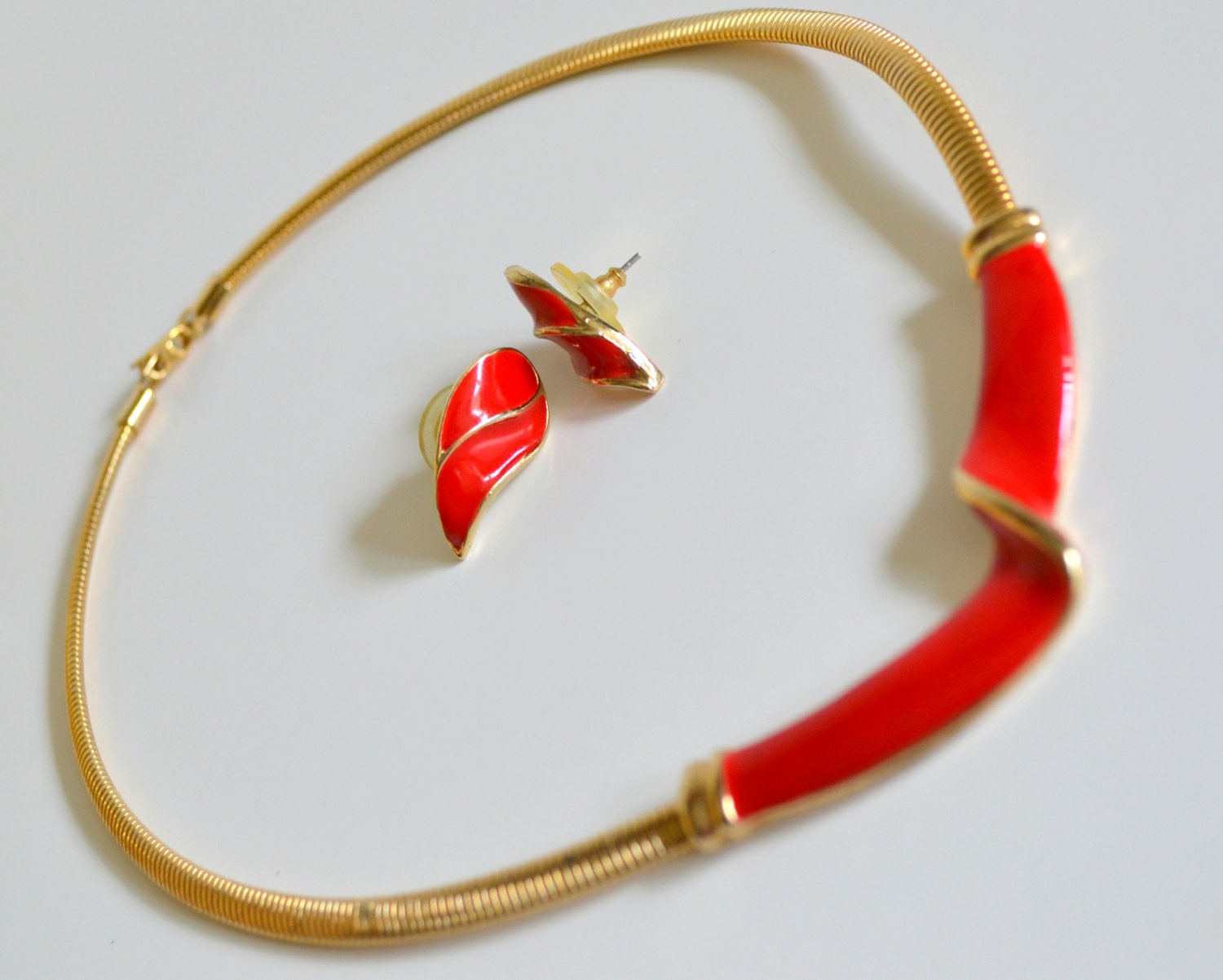 Vintage Earrings & Necklace Set. Gold and Red Geometric. Metal Ear